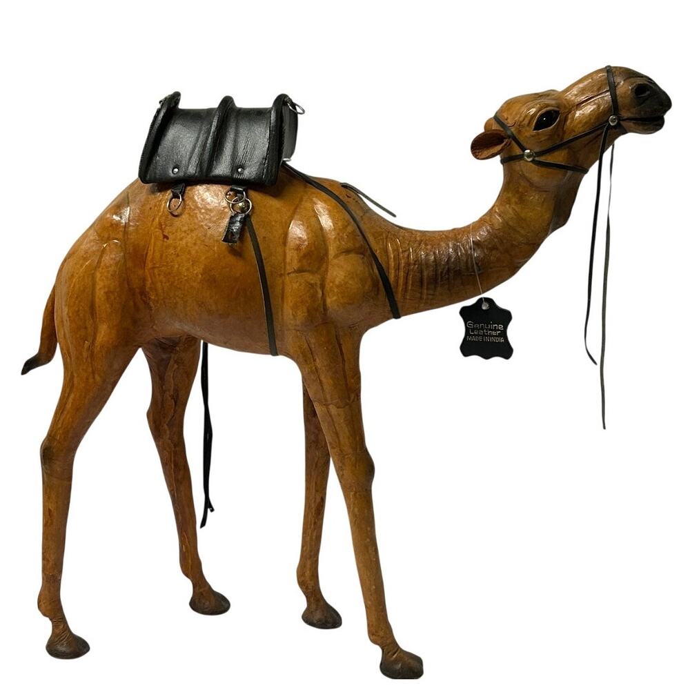 Vintage Leather Wrapped Dromedary Camel W/Saddle and Bridle Standing Glass Eyes